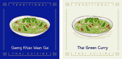 Wall Mural - Thai Green curry or Gaeng Khao Waan Gai - Thai food illustration