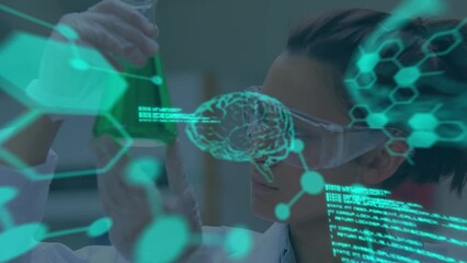 Poster - Animation of scientific data and human brains over caucasian female scientist in laboratory