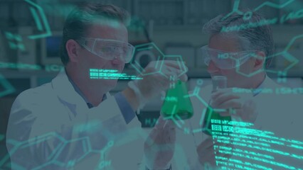 Poster - Animation of scientific data over caucasian male scientists in laboratory