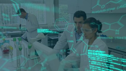 Fototapete - animation of scientific data over caucasian male and female scientists in laboratory
