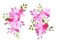 Floral Arrangements Of Bright Pink Flowers And Leaves. Watercolor Illustration