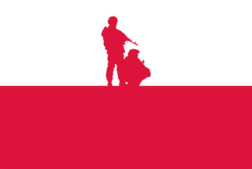 Polish flag with military soldiers. On the horizon (Poland).