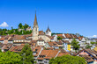 canvas print picture - Stadt Baden, katholische Kirche, Stadtturm, Altstadt, Schlossberg, Ruine, Altstadthäuser, Aargau, Sommer, Schweiz