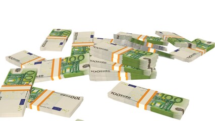 Many wads of money falling on table. 100 Euro banknotes. Stacks of money. Financial and business concept.	