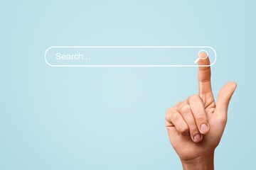 Poster - Searching information concept. Hand of man touching in icon search