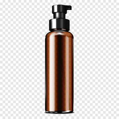 Wall Mural - Blank dark brown clear glass or plastic cosmetic bottle with pump dispenser for foam textures on transparent background realistic mockup. Beauty product container with black cap vector mock-up