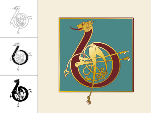 Medieval, Celtic Initial Letter B combining animal body parts from a Lion and endless knot ornaments in four different versions
