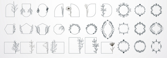 Poster - Wedding logo. Decorative round floral frames made of blooming flowers hand drawn with contour lines on white background. Vintage laurel wreath collection.  A set of vector botanical contour borders