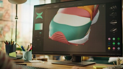 Poster - Close Up View of the Teenage Female Designer Rotate 3d Model of Shoe and Change Colours on it While Preparing Visualisation on Desktop Computer. Shoe Production Concept. Over the Shoulder