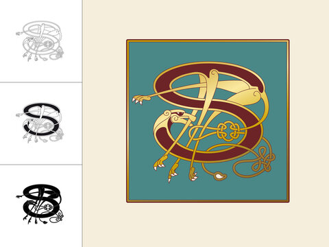 Medieval, Celtic Initial Letter S combining animal body parts from a Dog and endless knot ornaments in four different versions