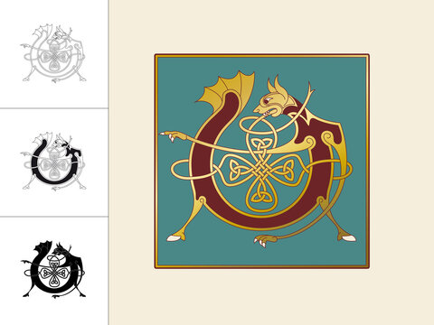Medieval, Celtic Initial Letter V combining animal body parts from a Dog and a Dragon with endless knot ornaments in four different versions
