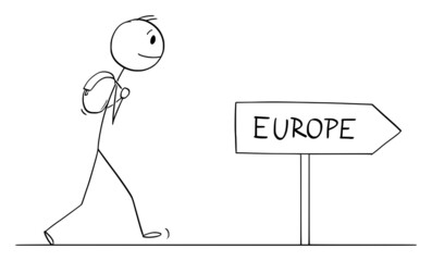 Poster - Tourist on Journey to Europe, Vector Cartoon Stick Figure Illustration