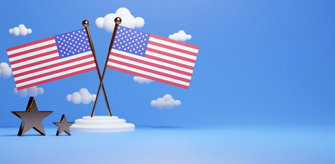 usa america flag with 4th july day concept, 3d rendering illustration, american day celebration, empty blank space banner ads, Independence Day