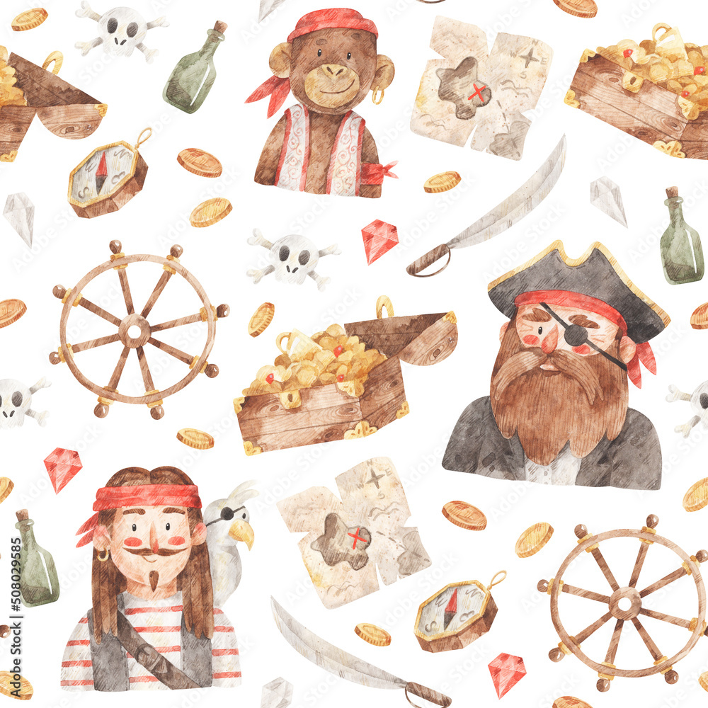 Seamless pattern pirates. Hand-drawn watercolor texture with pirates ...