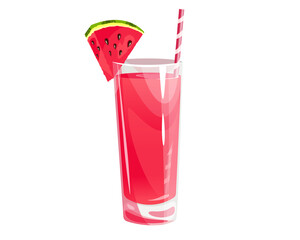 Fresh watermelon juice in a glass with a straw. Summer refreshing drink with a slice of juicy watermelon.