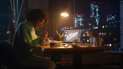 Aufkleber - Active Female Designer Sitting at Evening in Loft Studio and Working on Shoes Customisation. Living Room with Big Window. Next Generation and Trendy Design Concept. Moving Camera Shot
