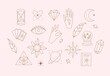 Esoteric elements collection. Magic icons minimalistic symbols, planets, hands and crystals, cards and eyes. Hand drawn linear vector illustration