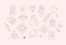 Esoteric elements collection. Magic icons minimalistic symbols, planets, hands and crystals, cards and eyes. Hand drawn linear vector illustration