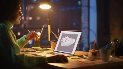 Poster - Black Teen Woman Creating and Rendering 3D Model of Unique Sneaker at Laptop Computer During Work at Evening. Freelance and Millennial People Concept