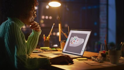 Poster - Latin Female Art Director Examining 3d Model of Shoe while Working at Desktop Computer at Home. Artist Girl Making Visualisation at Special Program. Graphic Designer Concept