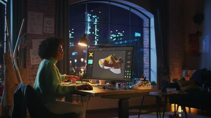 Poster - Black Teen Designer Looks at High-Poly Model of Shoe Use Program for 3d Modeling and Thinks about How to Improve it. Woman Work Late at Night. Freelance and Millennial People Concept