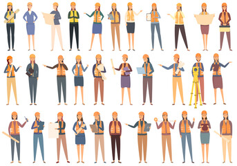 Poster - Female construction engineer icons set cartoon vector. Architect worker. Civil construction