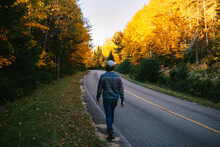 Thoughtful Man Walking On Road In The Middle Of Autumn Forest
