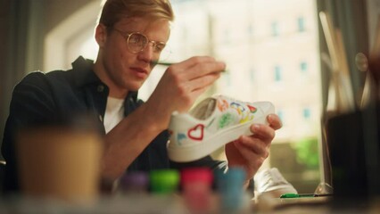 Poster - Cinematic Portrait View of the Male Designer Examining Shoes while Drawing on it. Hipster Man is Customising Footwear by his Own Design. Art and Small Business Concept