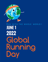 Global running Day on June, 2 2022 vector banner, poster, template with the cartoon Earth planet jogging in sport shoes at navy blue background. Healthy lifestyle symbol for t-shirt, flyer, invitation