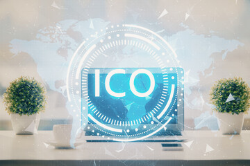 Poster - Double exposure of blockchain and crypto economy theme hologram and table with computer background. Concept of bitcoin cryptocurrency.