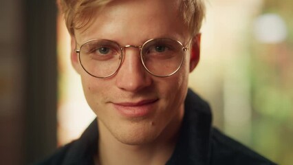 Poster - Close-up Portrait of Handsome Blonde Man in Glasses, Looking up at the Camera, Smiling. Thoughtful, Attractive Teen Male Sincerely Looking at You. Human Emotions, Dramatic Shot