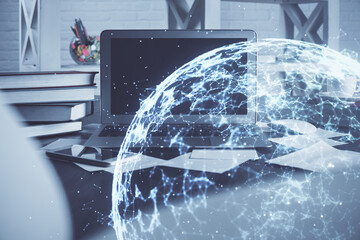 Poster - Computer on desktop with social network theme icon. Multi exposure. Concept of international connections.