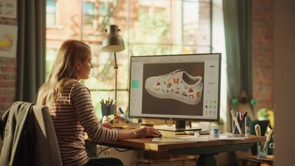 Poster - Young Female Art Director Examining 3d Model of Shoe while Working at Desktop Computer at Home. Artist Girl Making Visualisation at Special Program. Graphic Designer Concept