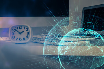 Poster - Computer on desktop with social network theme icon. Multi exposure. Concept of international connections.