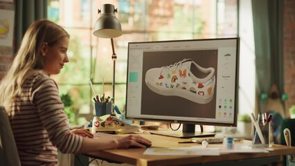 Leinwandbilder - Blonde Teen Woman Creating and Rendering 3D Model of Unique Sneaker at Big Desktop Computer during Work in Home Office. Freelance and Millennial People Concept