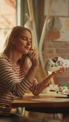 Aufkleber - Work In Creative Environment: Female Artist Renovating Sneakers while Drawing on It. Individual Drawing on Shoes and Conscious Fashion Project Concept. Vertical Shot