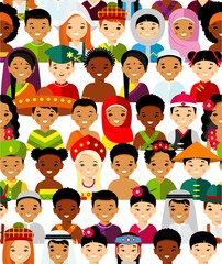 Wall Mural - Seamless background of multicultural national children, people on planet earth. Seamless background of international people in traditional costumes around the world.