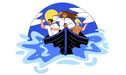 Teams with leaders in boats. Girls and guy look into distance, metaphor for planning and setting goals. Development of company, successful entrepreneurs, partners. Cartoon flat vector illustration