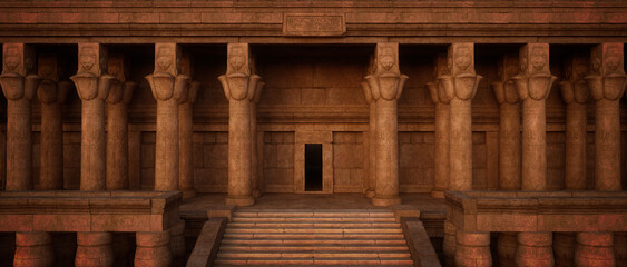 Poster - Cinematic wide panorama of entrance to ancient Egyptian tomb with stone steps and collumns. 3D rendering.