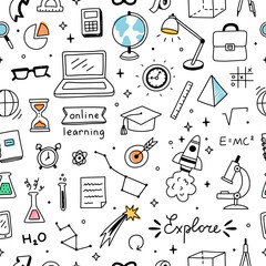 cute science doodle seamless pattern. vector background with school elements