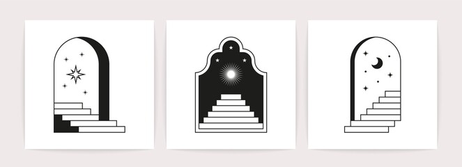 minimal boho line doors staircases. mystic linear tattoo signs, bohemian window frames steps. vector