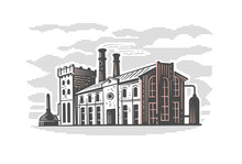 Old Factory Vector. Engraving Style Drawing. Plant Sketch Building Emblem.
