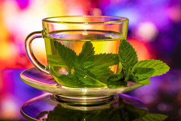 Cups of tea with fresh mint on multicolored background