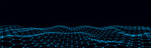 Digital Technology Wave. Dark Cyberspace With Blue Motion Dots And Lines. Vector Futuristic Digital Background. Big Data Analytics.