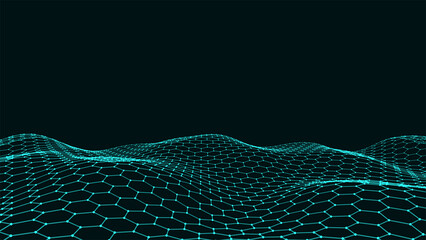 Poster - Digital technology wave. Dark cyberspace with blue motion dots and lines. Vector futuristic digital background. Big data analytics.