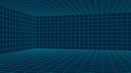 Empty futuristic 3D wireframe room. Vector perspective grid. Cyberspace background. Box with digital space in virtual reality.