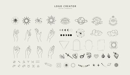 logo design creator with different frames, floral elements and hand gestures. magic objects in a min