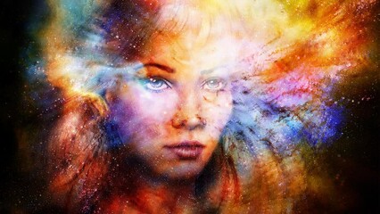 Aufkleber - Goddess Woman in Cosmic space. Cosmic Space background.