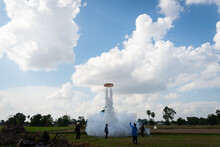 Fireballs Are Rising Into The Sky, A Tradition Of Isan In Thailand.Rocket Festival. 