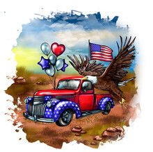 4th Of July Funny Card With Red Truck. Independence Day